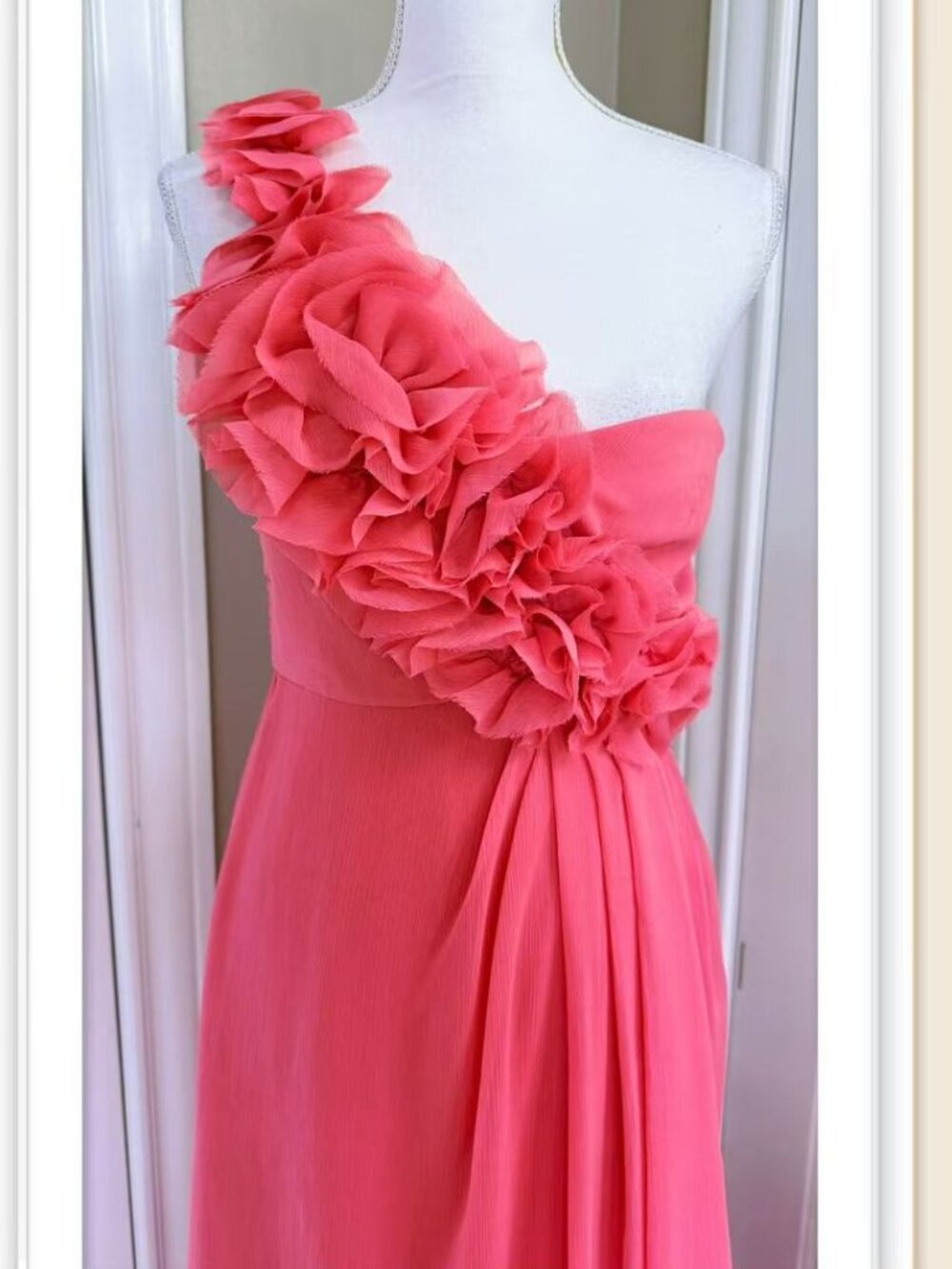 One-shoulder layered ruffle strap draped chiffon skirt maxi dress size 6